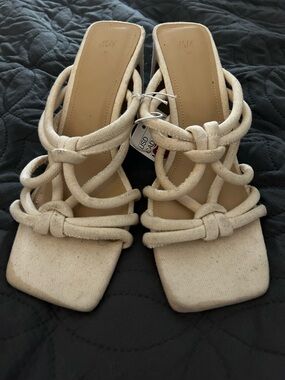 H&M Cream Knotted Strap Square-Toe Heeled Sandals